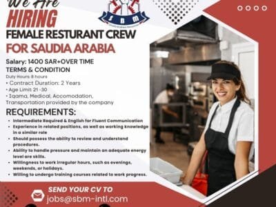 Female Restaurant Crew for Saudia Arabia