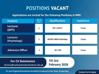 Job Opportunities at Mahboob Medical Institute