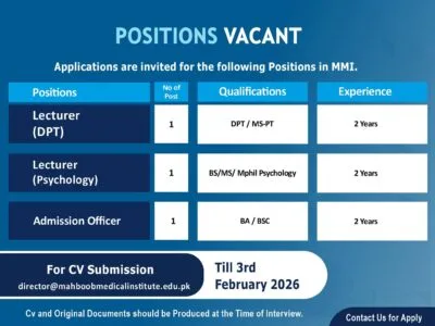 Job Opportunities at Mahboob Medical Institute