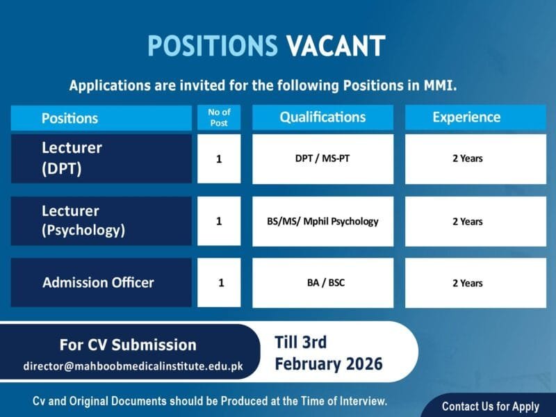 Job Opportunities at Mahboob Medical Institute