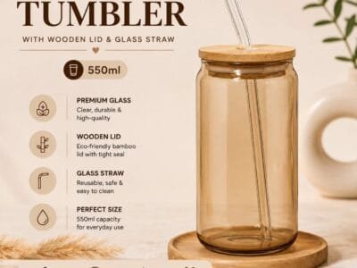 Brown Glass Tumbler with Wooden Lid & Glass Straw 550ml