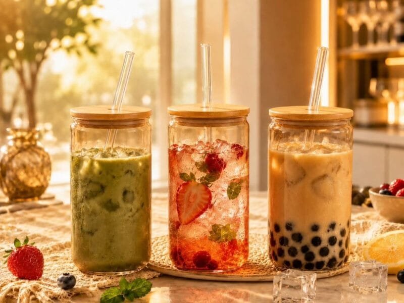 Brown Glass Tumbler with Wooden Lid & Glass Straw 550ml