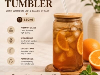 Brown Glass Tumbler with Wooden Lid & Glass Straw 550ml