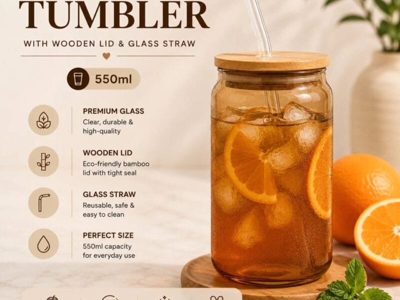 Brown Glass Tumbler with Wooden Lid & Glass Straw 550ml