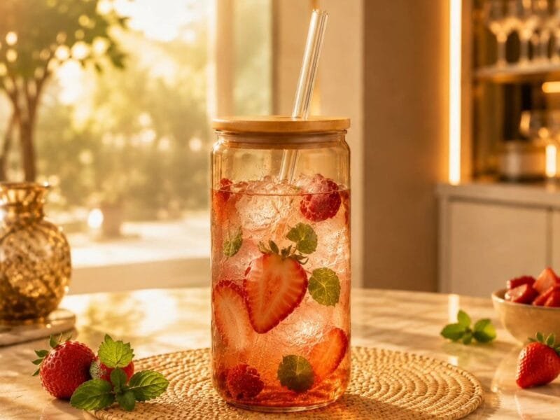 Brown Glass Tumbler with Wooden Lid & Glass Straw 550ml