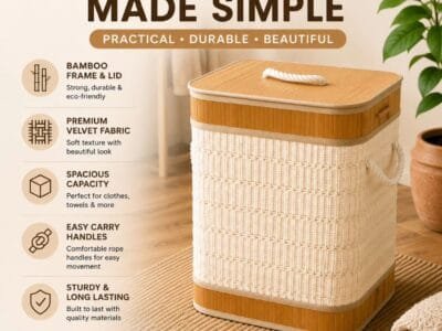 Velvet Laundry Basket with Bamboo Frame & Lid