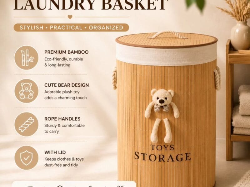 Premium Bamboo Laundry Basket with Bear Plush Toy, Lid & Rope Handles