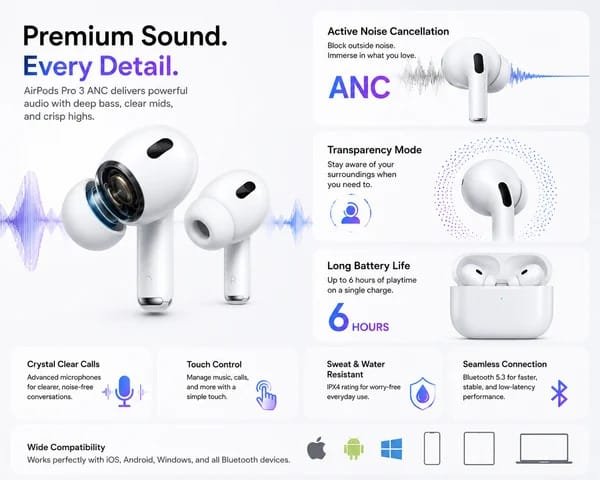 Airpods Pro 3 ANC Wireless Earbuds
